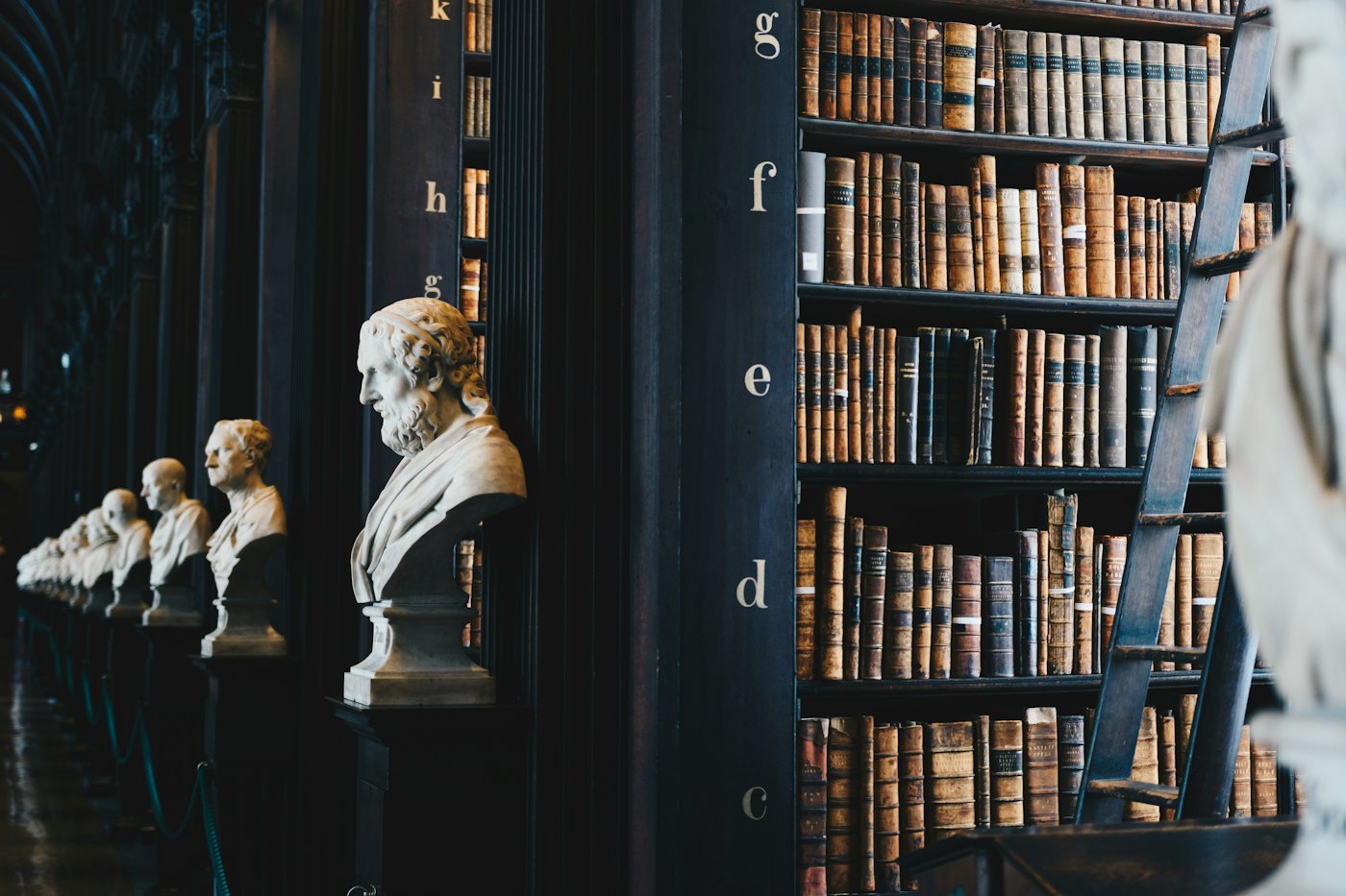Shelves of bound legal volumes in a historic law library